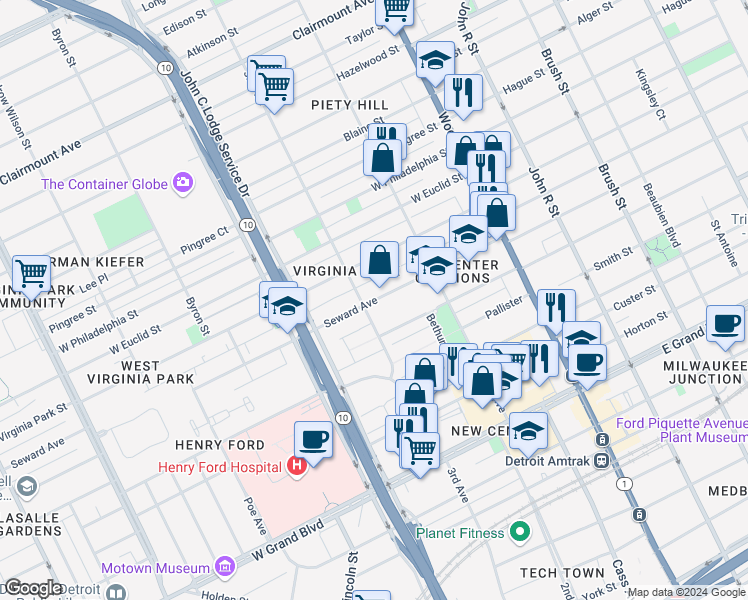 map of restaurants, bars, coffee shops, grocery stores, and more near 50 Seward Avenue in Detroit