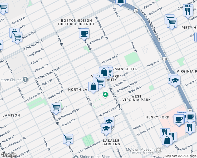 map of restaurants, bars, coffee shops, grocery stores, and more near 1941 Gladstone Street in Detroit