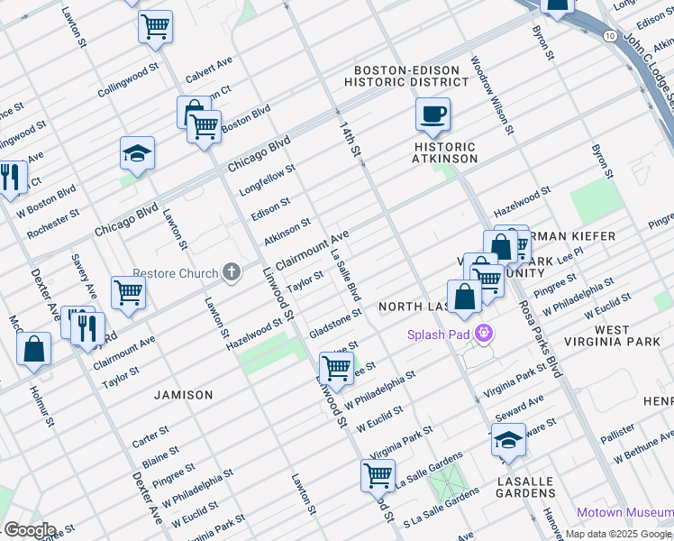 map of restaurants, bars, coffee shops, grocery stores, and more near 9000 La Salle Boulevard in Detroit