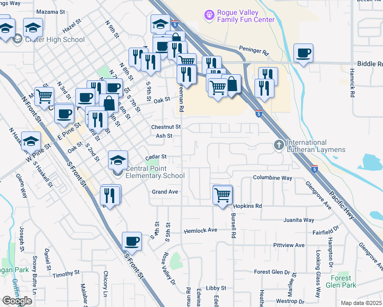 map of restaurants, bars, coffee shops, grocery stores, and more near 623 Shadow Way in Central Point
