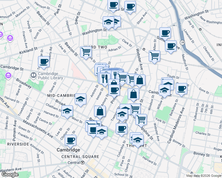 map of restaurants, bars, coffee shops, grocery stores, and more near 1334 Cambridge Street in Cambridge