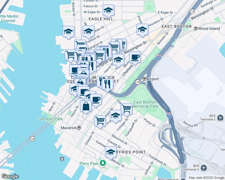 map of restaurants, bars, coffee shops, grocery stores, and more near in Boston