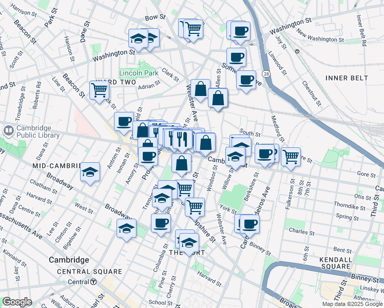 map of restaurants, bars, coffee shops, grocery stores, and more near 299 Elm Street in Cambridge