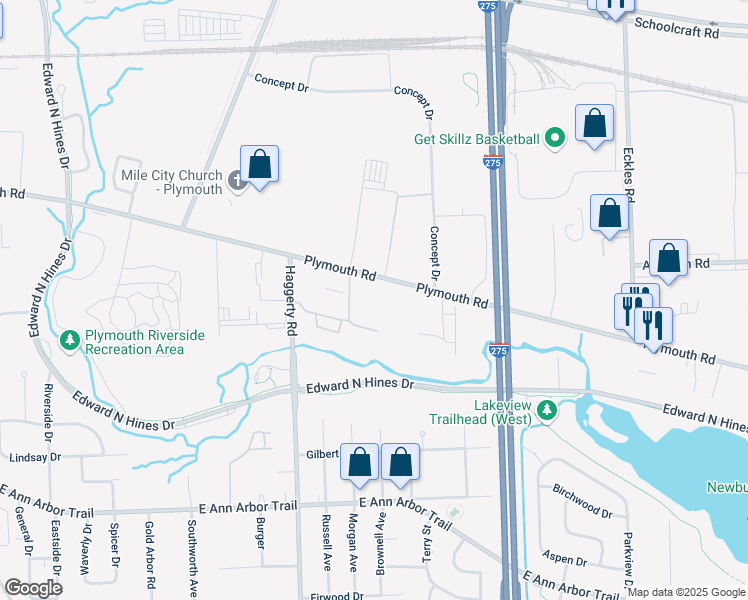 map of restaurants, bars, coffee shops, grocery stores, and more near 41001 Plymouth Road in Plymouth