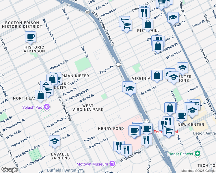 map of restaurants, bars, coffee shops, grocery stores, and more near 1224 West Euclid Street in Detroit