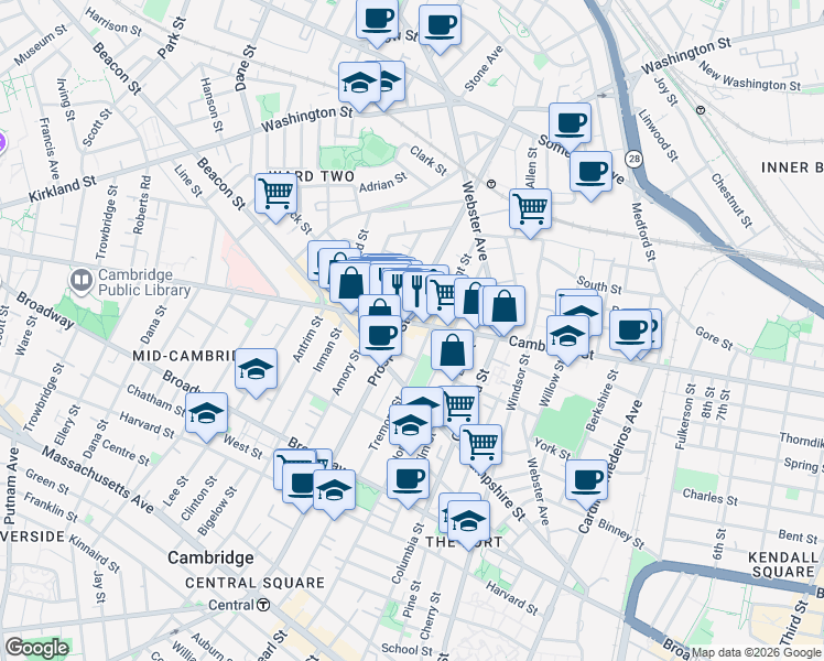 map of restaurants, bars, coffee shops, grocery stores, and more near 1228 Cambridge Street in Cambridge