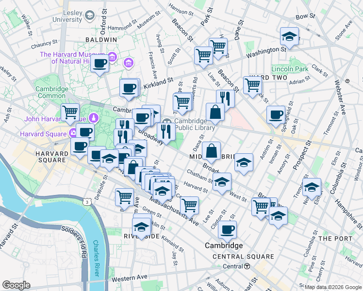 map of restaurants, bars, coffee shops, grocery stores, and more near in Cambridge