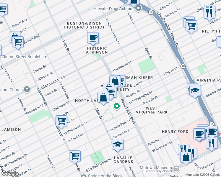map of restaurants, bars, coffee shops, grocery stores, and more near 1941 Gladstone Street in Detroit