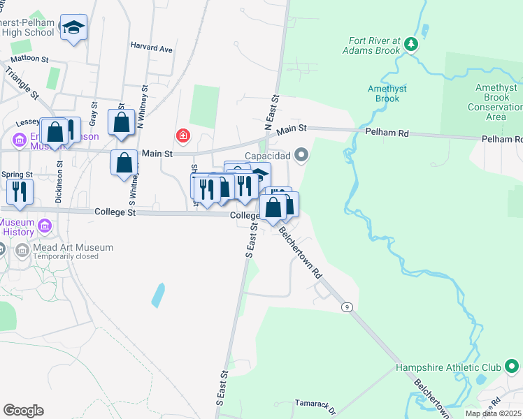 map of restaurants, bars, coffee shops, grocery stores, and more near 390 College St in Amherst