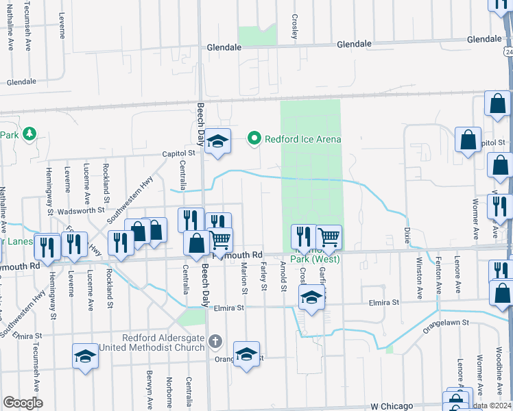 map of restaurants, bars, coffee shops, grocery stores, and more near 11755 Farley in Redford Charter Township
