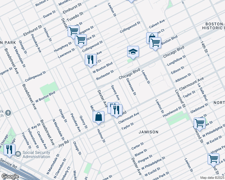 map of restaurants, bars, coffee shops, grocery stores, and more near 3407 Longfellow Street in Detroit