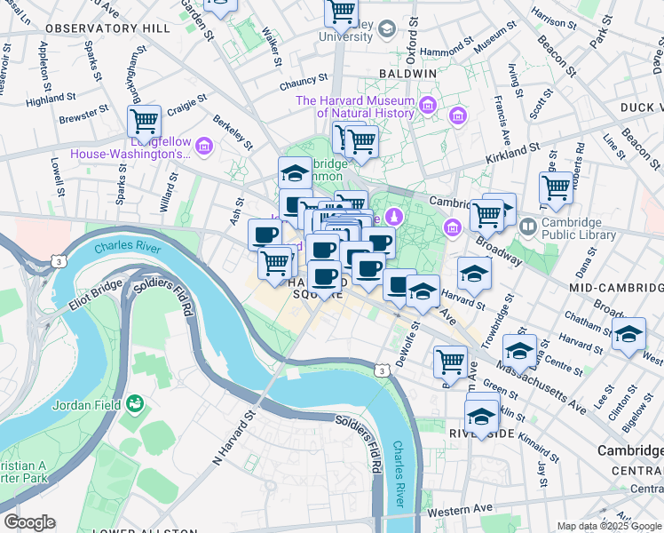 map of restaurants, bars, coffee shops, grocery stores, and more near 20 Brattle Street in Cambridge