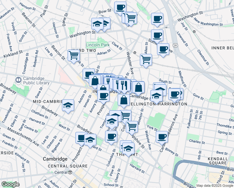 map of restaurants, bars, coffee shops, grocery stores, and more near 109 Tremont Street in Cambridge