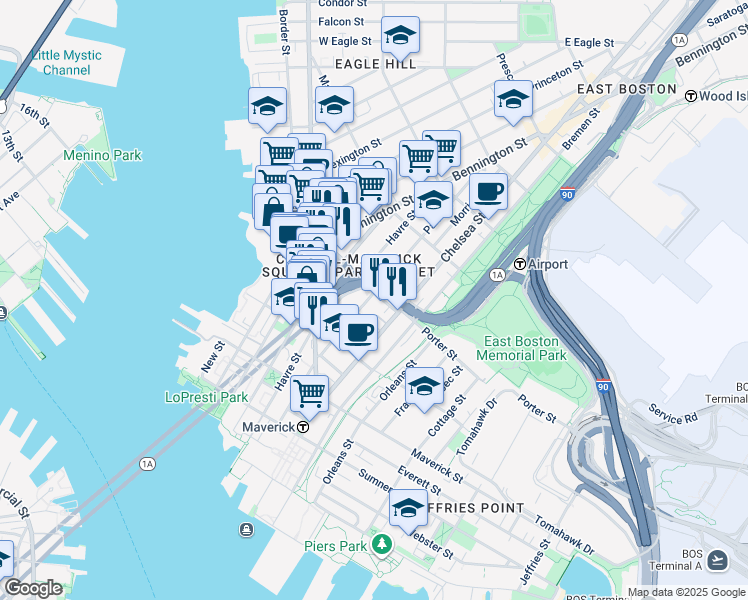 map of restaurants, bars, coffee shops, grocery stores, and more near 147 Paris Street in Boston