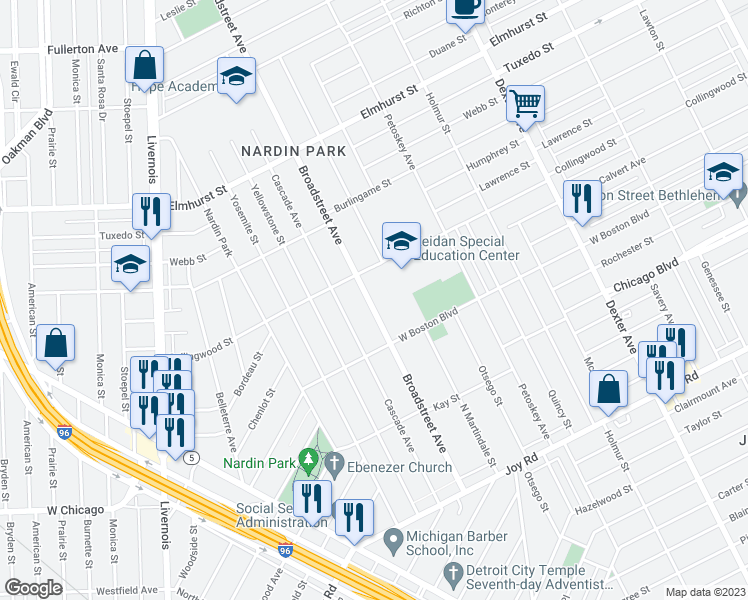 map of restaurants, bars, coffee shops, grocery stores, and more near 10000 Broadstreet Avenue in Detroit