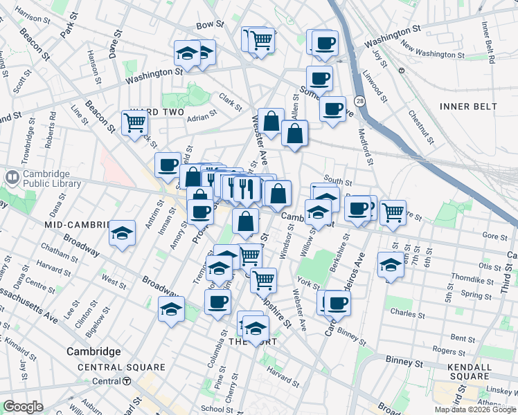 map of restaurants, bars, coffee shops, grocery stores, and more near 1099 Cambridge Street in Cambridge