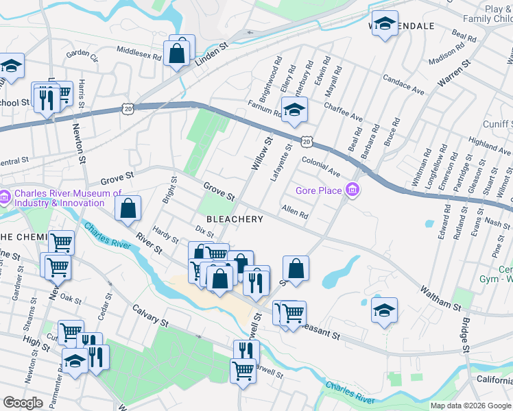 map of restaurants, bars, coffee shops, grocery stores, and more near 149 Grove Street in Waltham