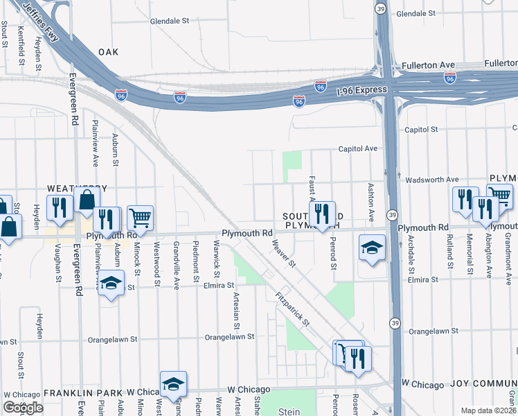 map of restaurants, bars, coffee shops, grocery stores, and more near 11666 Stahelin Avenue in Detroit