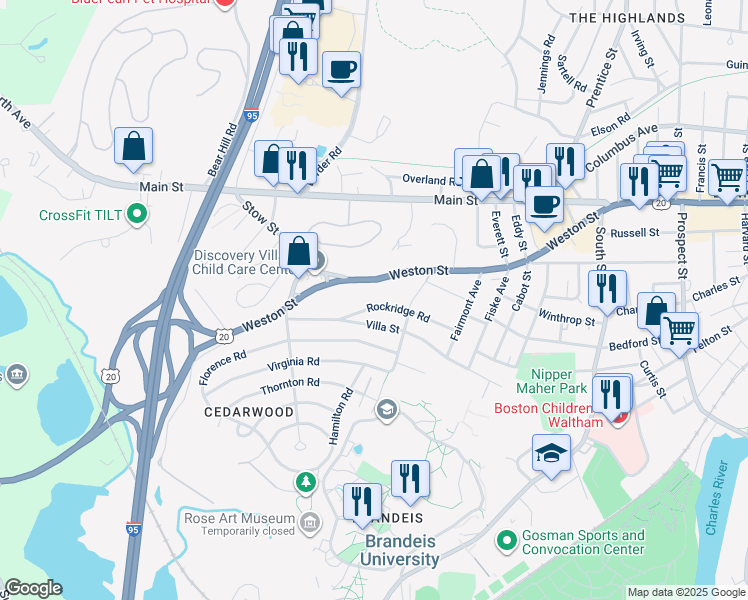 map of restaurants, bars, coffee shops, grocery stores, and more near 79 Rockridge Road in Waltham