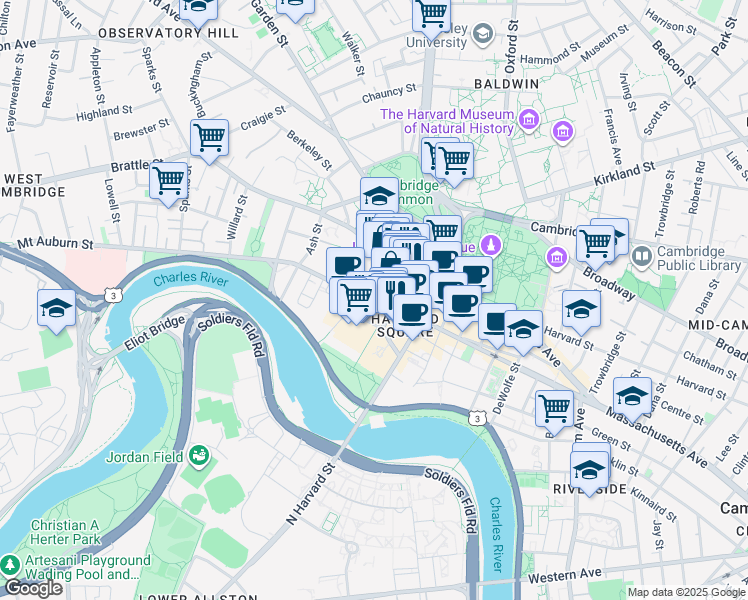 map of restaurants, bars, coffee shops, grocery stores, and more near 115 Mt Auburn St in Mid-Cambridge