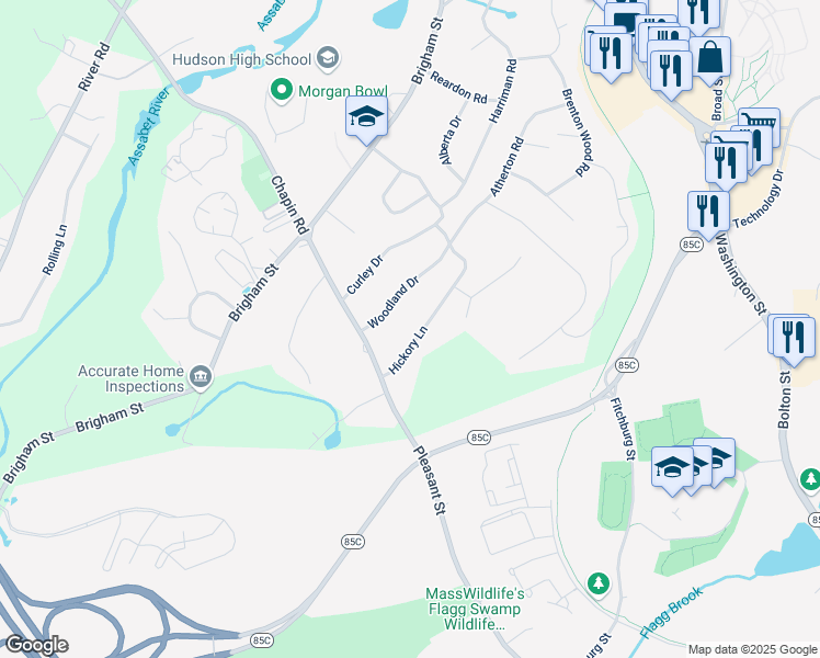 map of restaurants, bars, coffee shops, grocery stores, and more near 7 Woodland Drive in Hudson