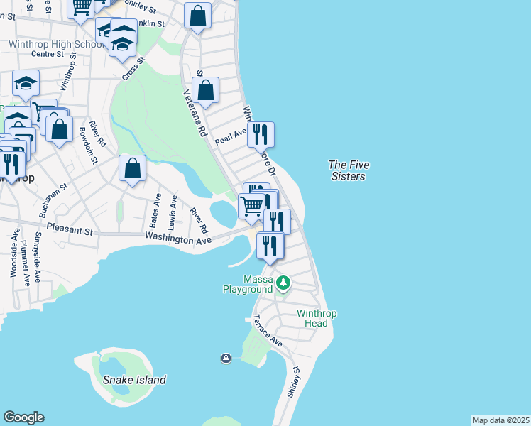 map of restaurants, bars, coffee shops, grocery stores, and more near 18 Irwin Street in Winthrop