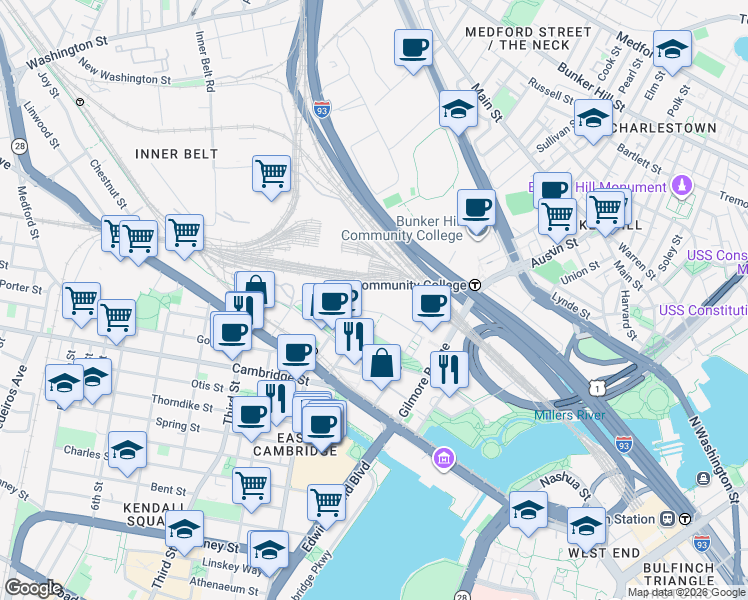 map of restaurants, bars, coffee shops, grocery stores, and more near 250 Water Street in Cambridge