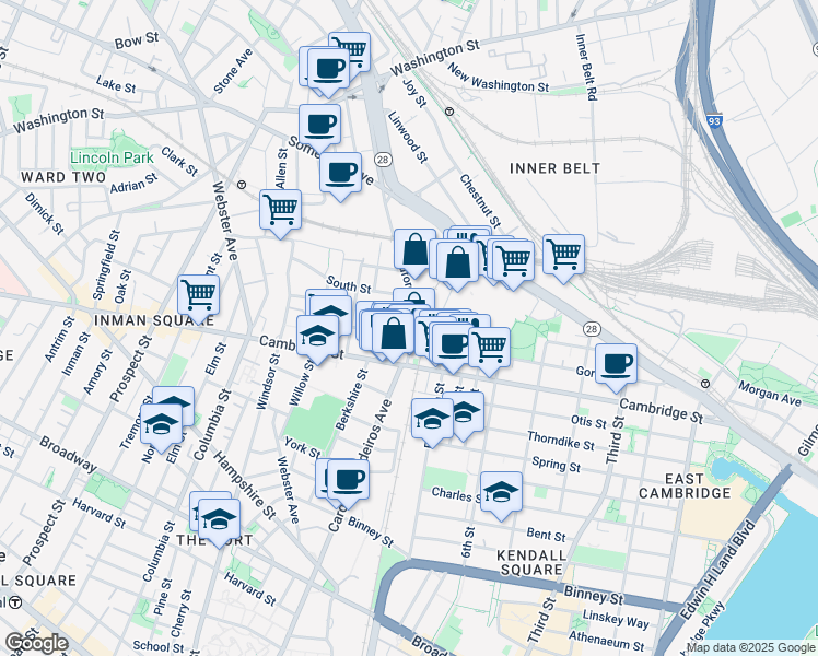 map of restaurants, bars, coffee shops, grocery stores, and more near 5 Porter Street in Cambridge