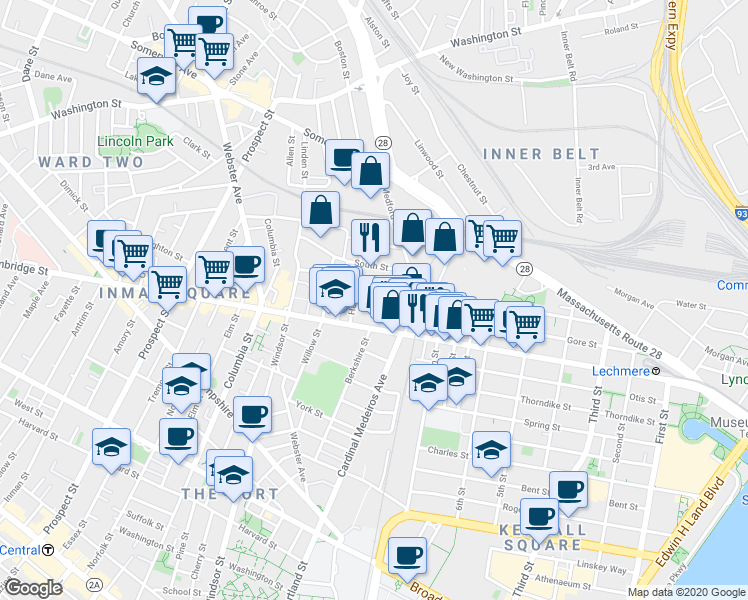 map of restaurants, bars, coffee shops, grocery stores, and more near 52 Porter Street in Cambridge