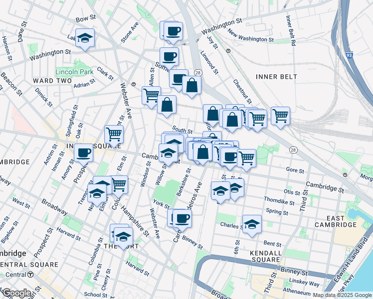 map of restaurants, bars, coffee shops, grocery stores, and more near 52 Porter Street in Cambridge