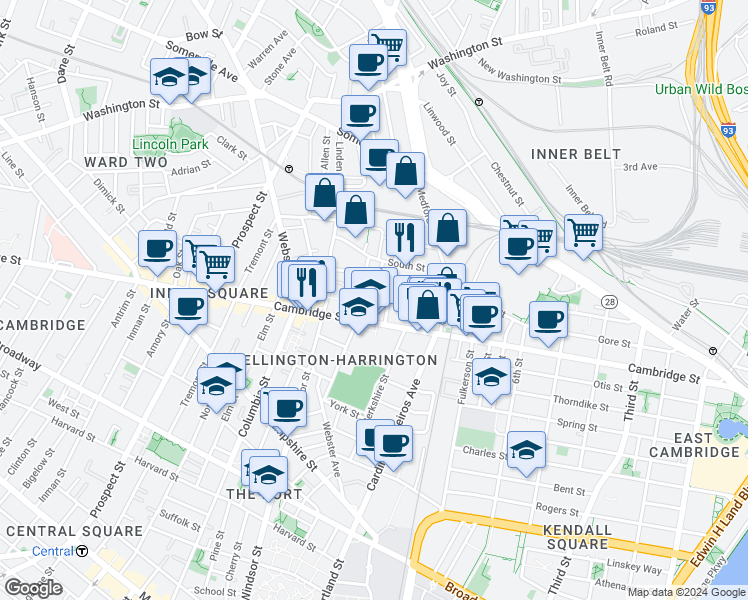 map of restaurants, bars, coffee shops, grocery stores, and more near 21 Hunting Street in Cambridge
