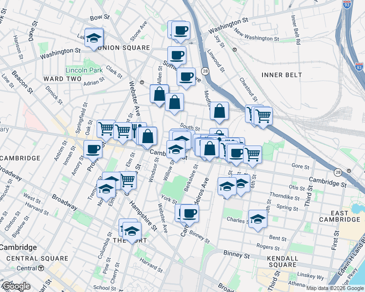 map of restaurants, bars, coffee shops, grocery stores, and more near 21 Hunting Street in Cambridge