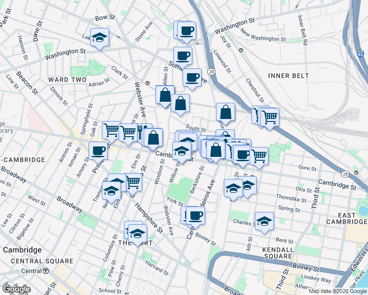 map of restaurants, bars, coffee shops, grocery stores, and more near 21 Hunting Street in Cambridge