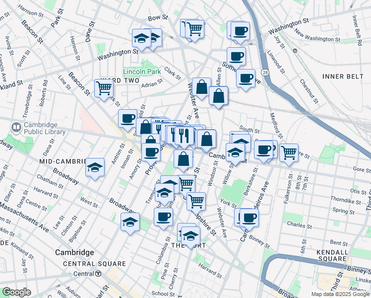 map of restaurants, bars, coffee shops, grocery stores, and more near 299 Elm Street in Cambridge