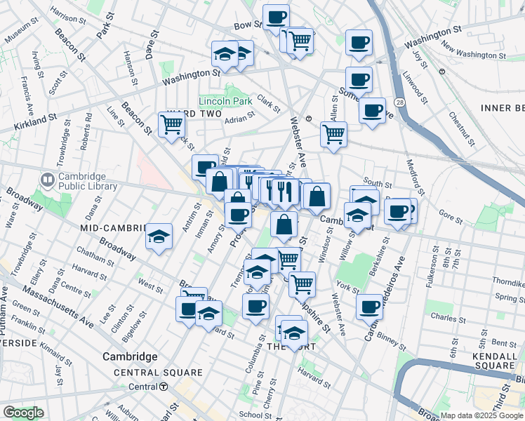 map of restaurants, bars, coffee shops, grocery stores, and more near 109 Tremont Street in Cambridge