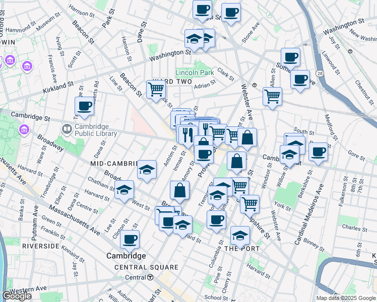 map of restaurants, bars, coffee shops, grocery stores, and more near 1334 Cambridge Street in Cambridge