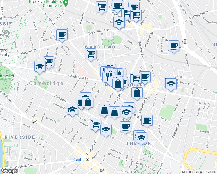map of restaurants, bars, coffee shops, grocery stores, and more near 1334 Cambridge Street in Cambridge