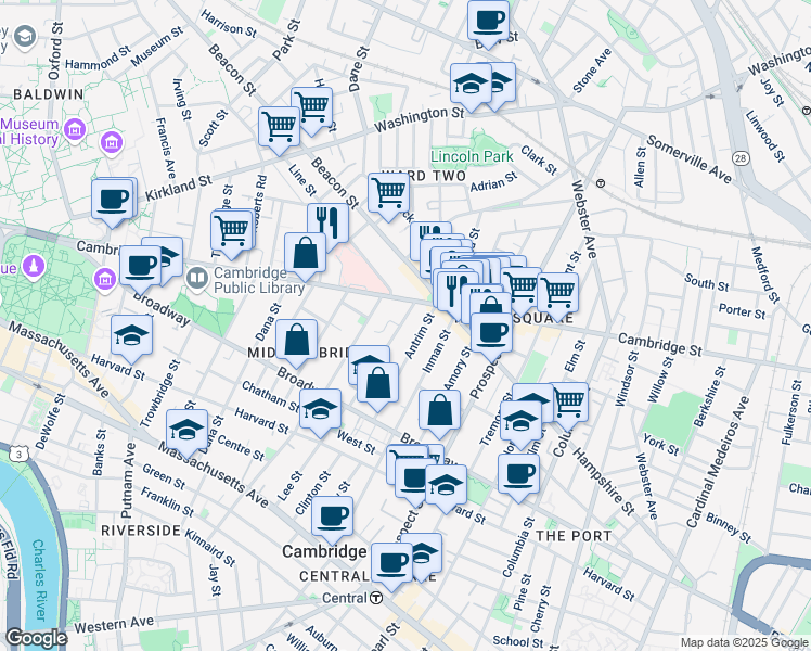 map of restaurants, bars, coffee shops, grocery stores, and more near in Cambridge
