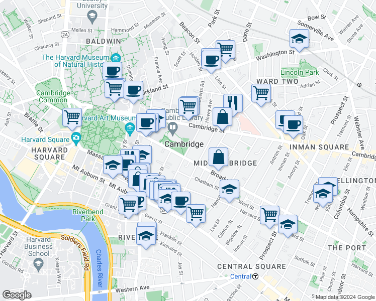map of restaurants, bars, coffee shops, grocery stores, and more near in Cambridge