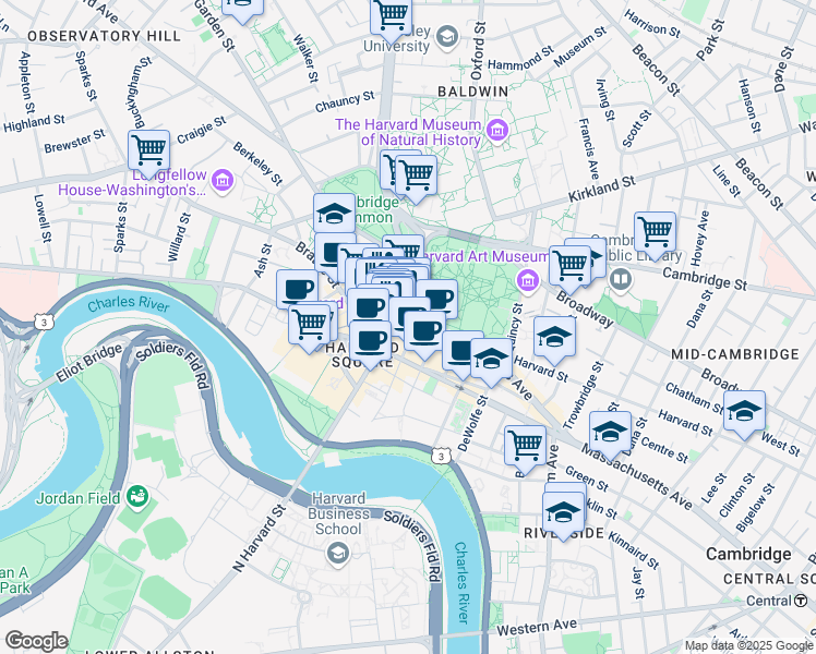 map of restaurants, bars, coffee shops, grocery stores, and more near 4 Brattle Square in Cambridge
