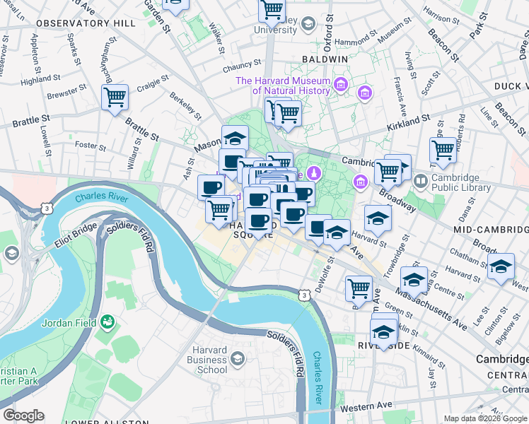 map of restaurants, bars, coffee shops, grocery stores, and more near 4 Brattle Square in Cambridge