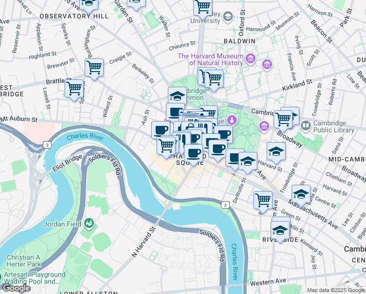 map of restaurants, bars, coffee shops, grocery stores, and more near in Cambridge