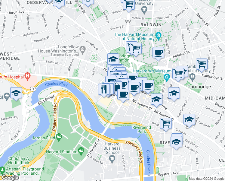 map of restaurants, bars, coffee shops, grocery stores, and more near 1 Mifflin Place in Cambridge