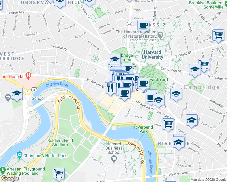 map of restaurants, bars, coffee shops, grocery stores, and more near 1 Mifflin Place in Cambridge