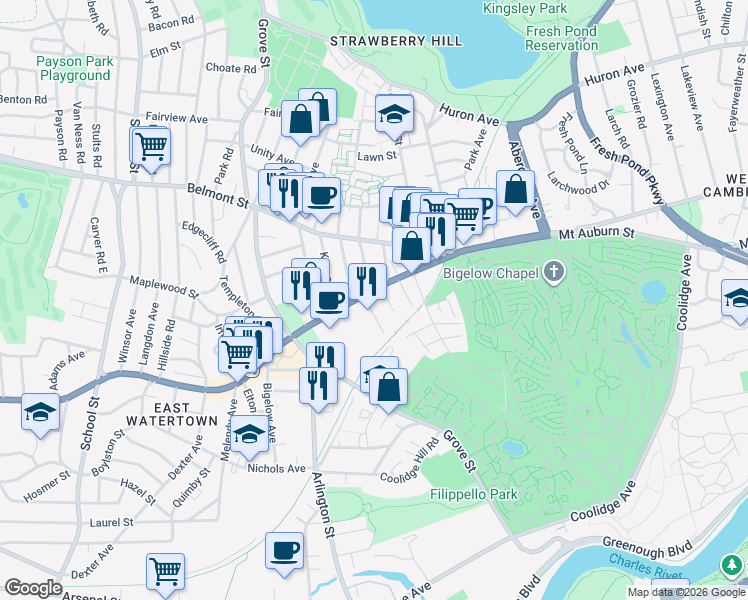 map of restaurants, bars, coffee shops, grocery stores, and more near 761 Mount Auburn Street in Watertown