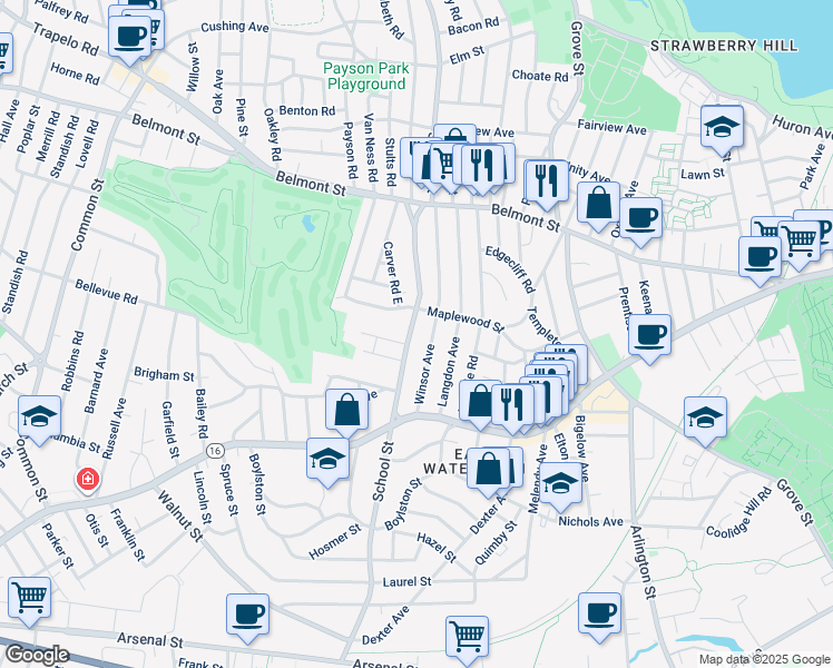 map of restaurants, bars, coffee shops, grocery stores, and more near 320 School Street in Watertown