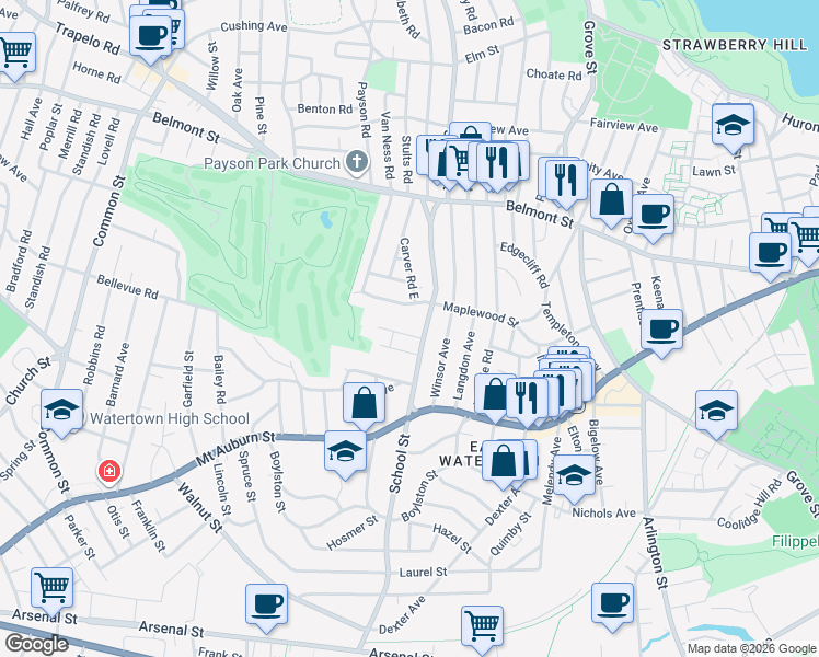map of restaurants, bars, coffee shops, grocery stores, and more near 320 School Street in Watertown