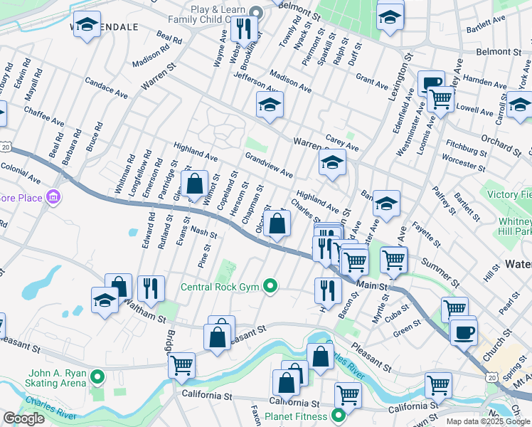 map of restaurants, bars, coffee shops, grocery stores, and more near 44 Olcott Street in Watertown