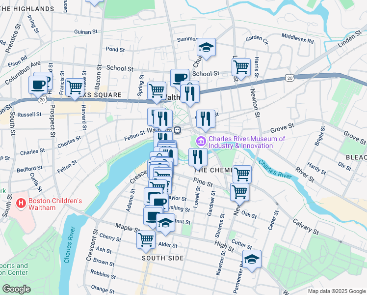 map of restaurants, bars, coffee shops, grocery stores, and more near 144 Moody Street in Waltham