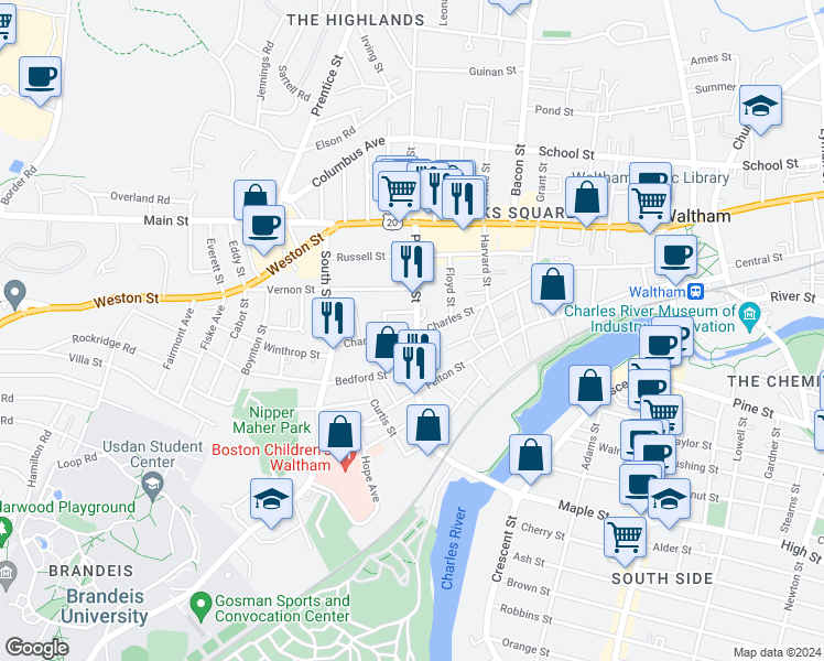map of restaurants, bars, coffee shops, grocery stores, and more near 12 Prospect Street Avenue in Waltham